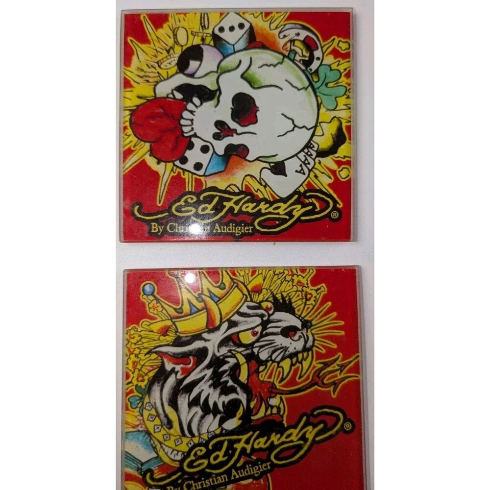 Ed Hardy Christian Audigier Glass Art Tiles Coasters Skull Dog Decor Set of 2